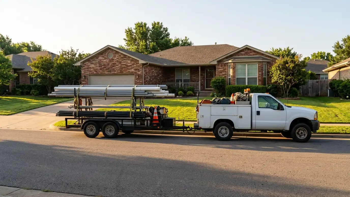 About Music City Irrigation A white work truck with a pipe trailer and equipment parked in front of a brick home with a green lawn in warm morning light