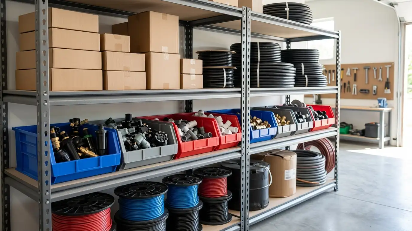 A tidy supply shelf with neat bins of sprinkler heads, valves, pipe fittings, coils of drip tubing, wire spools and boxes of controllers in a clean workshop