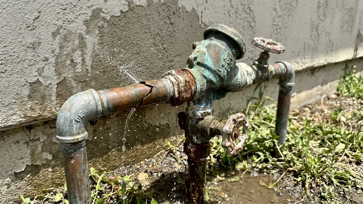 Before: a backflow device with a corroded, leaking device on a cracked pipe