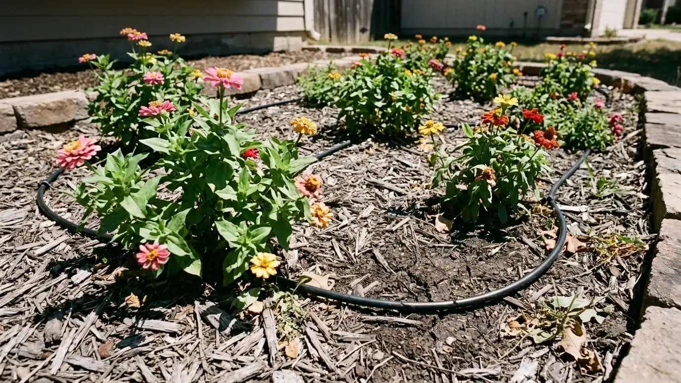 After: Thirsty bed revived with drip | Music City Irrigation After: a flower bed with healthy plants watered by drip tubing under the mulch