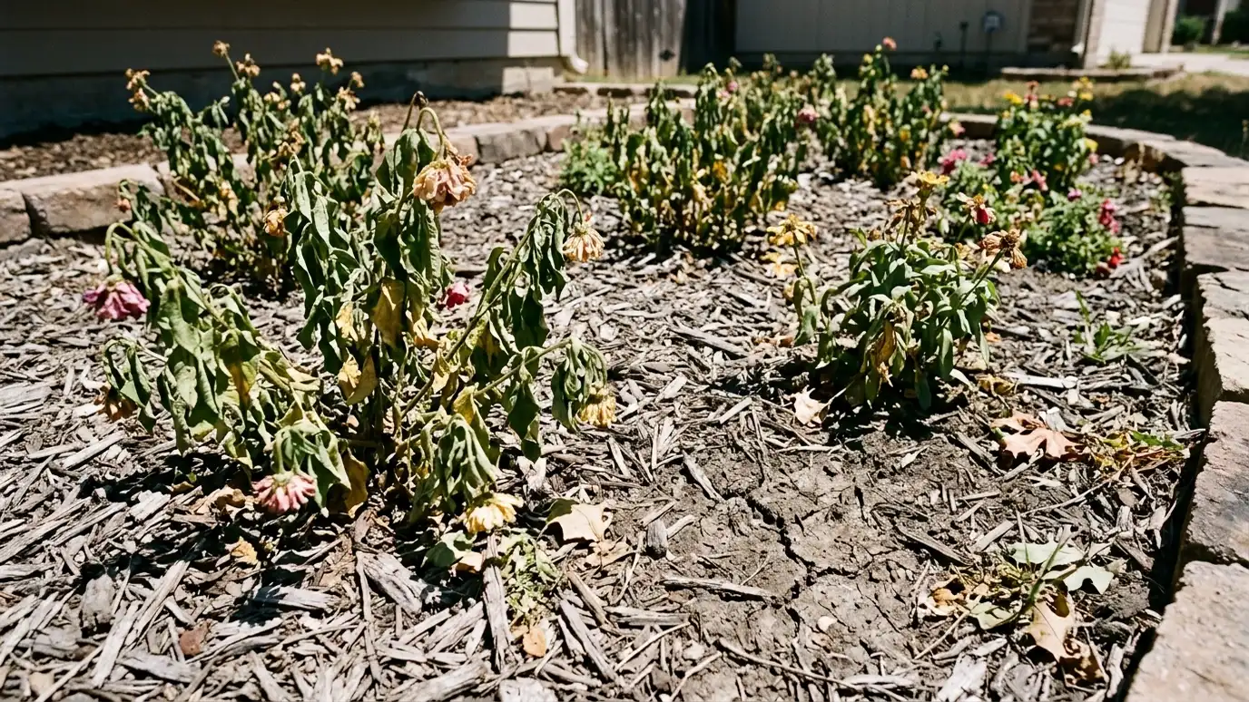 Before: a flower bed with wilting shrubs and flowers in dry, cracked soil