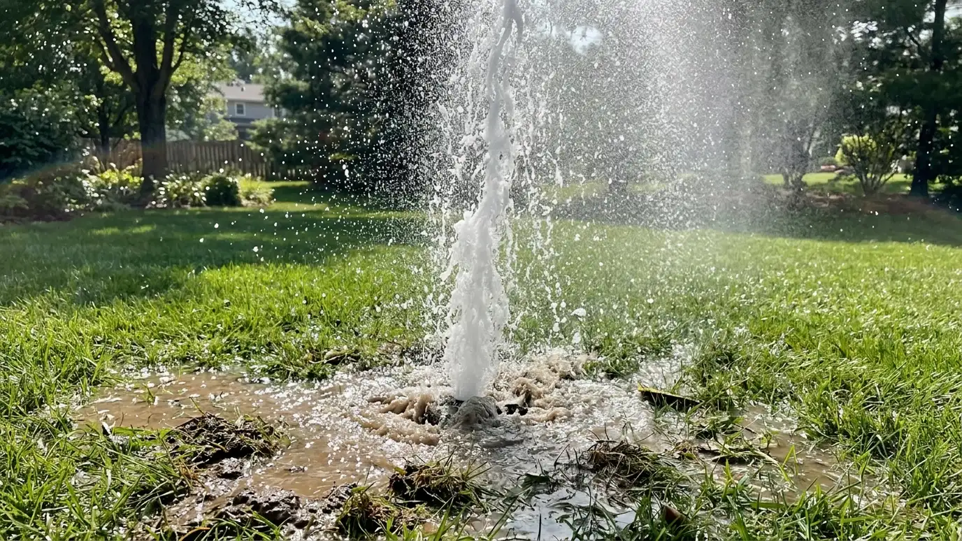 Before: a lawn with a broken sprinkler head shooting a geyser and flooding the grass