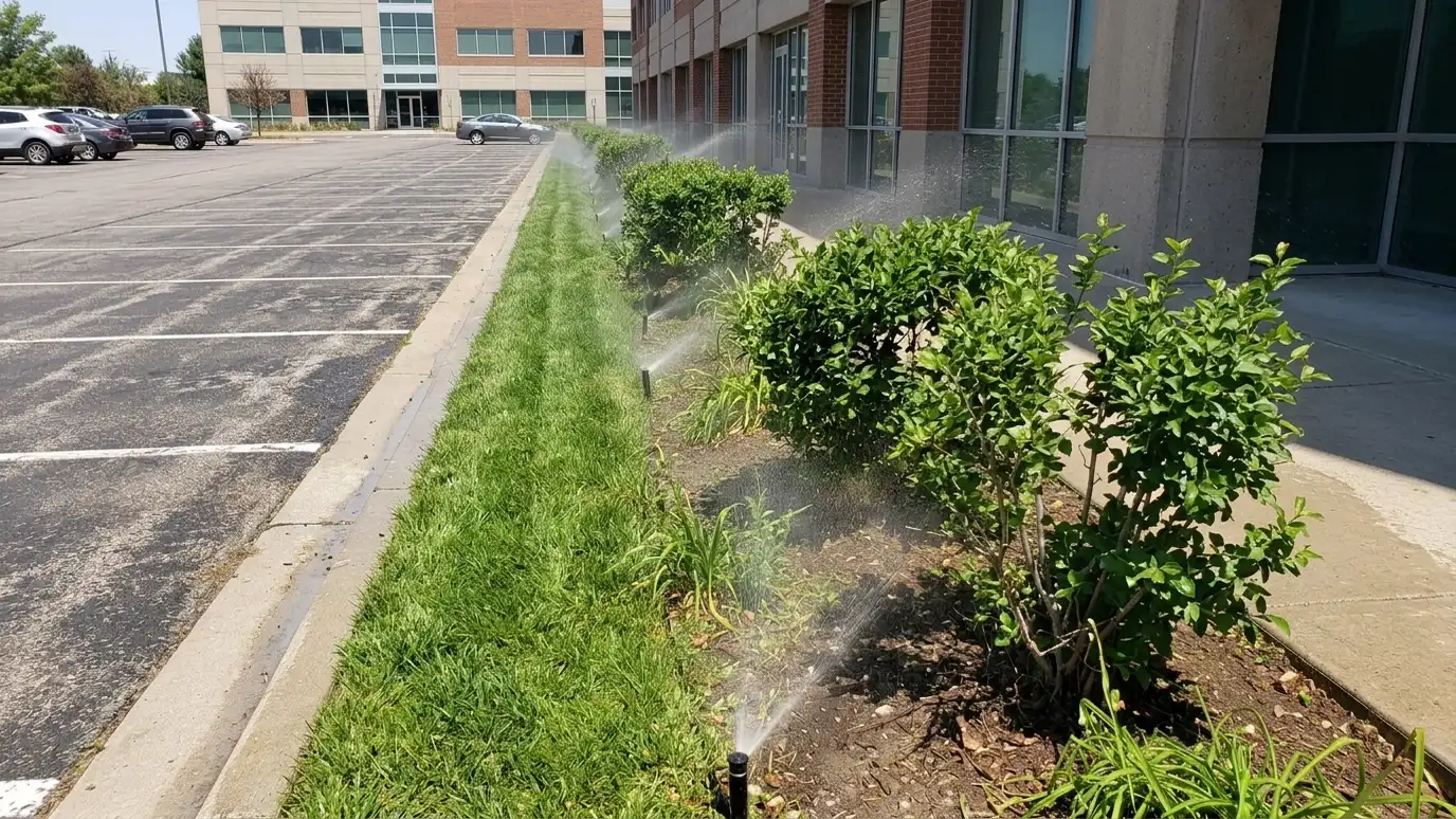 After: a commercial landscape strip with healthy green turf and shrubs with sprinklers running