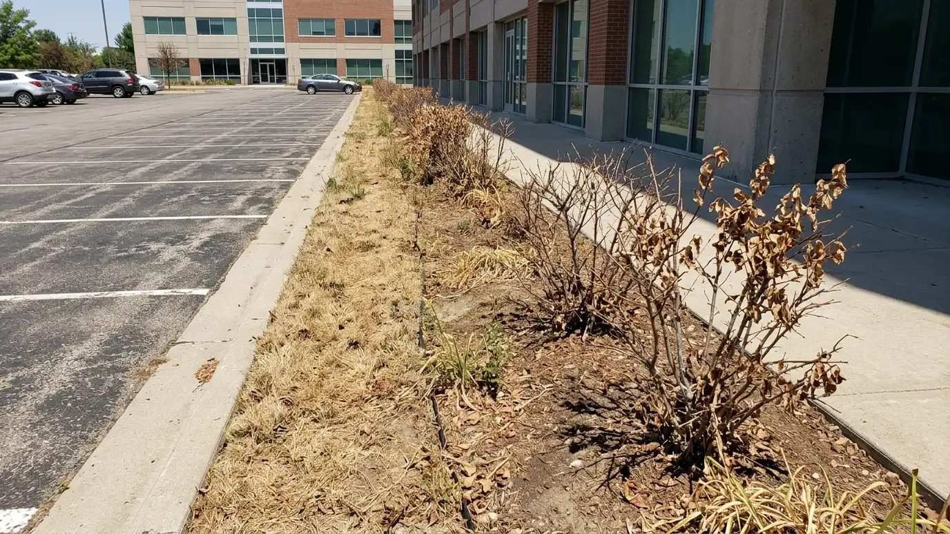 Before: a commercial landscape strip with brown grass and wilted shrubs beside a parking lot