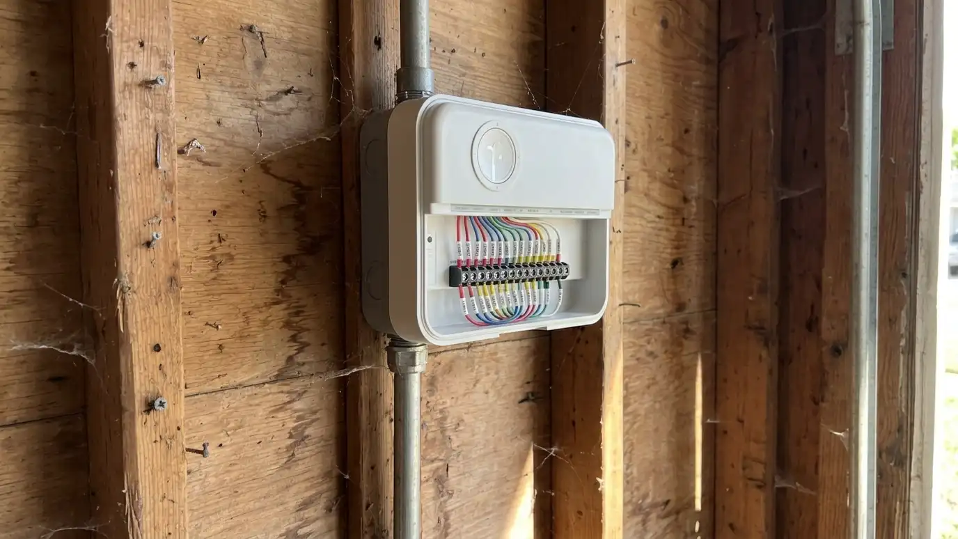 After: Old timer replaced with a smart controller | Music City Irrigation After: a garage wall with a sleek smart controller with neat labeled wiring