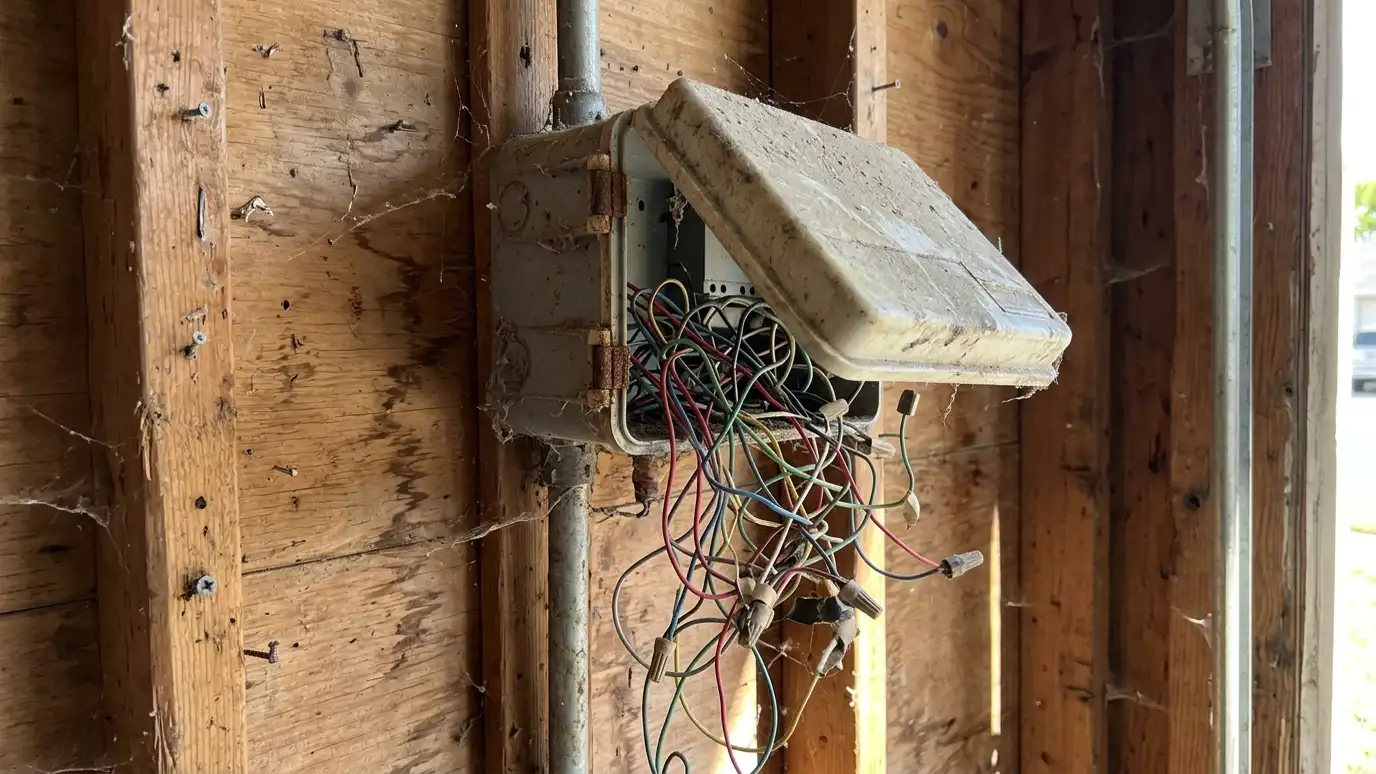 Before: a garage wall with a dusty old timer with tangled wires