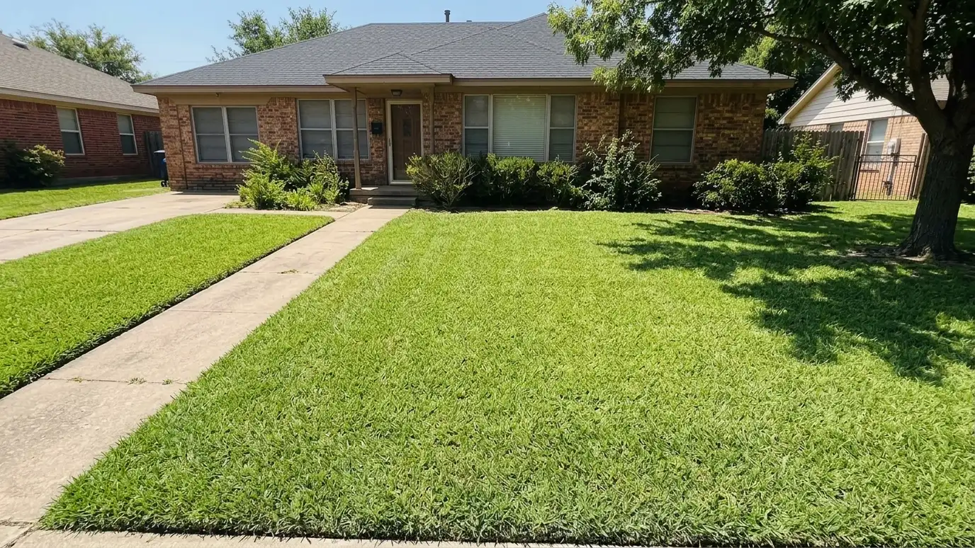 After: Patchy brown lawn made lush | Music City Irrigation After: a front lawn with a thick, evenly green lawn