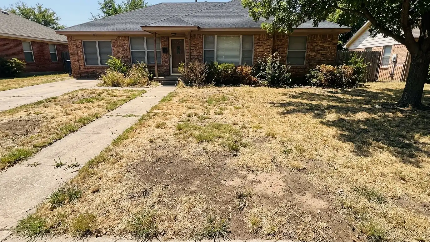 Before: a front lawn with a patchy, dry lawn with brown spots and bare ground
