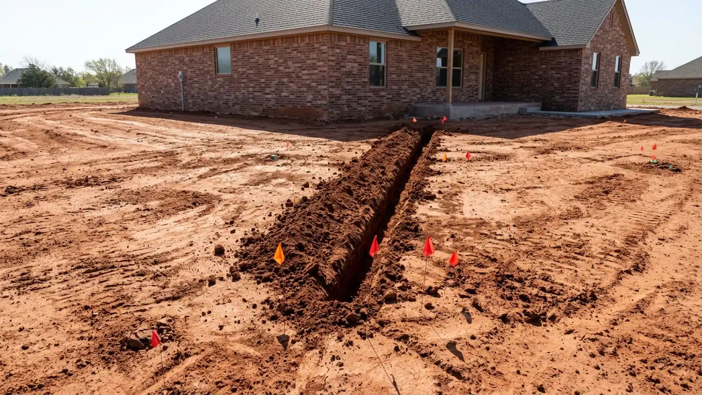 Before: a new-construction yard with freshly graded red clay with a trench and head flags