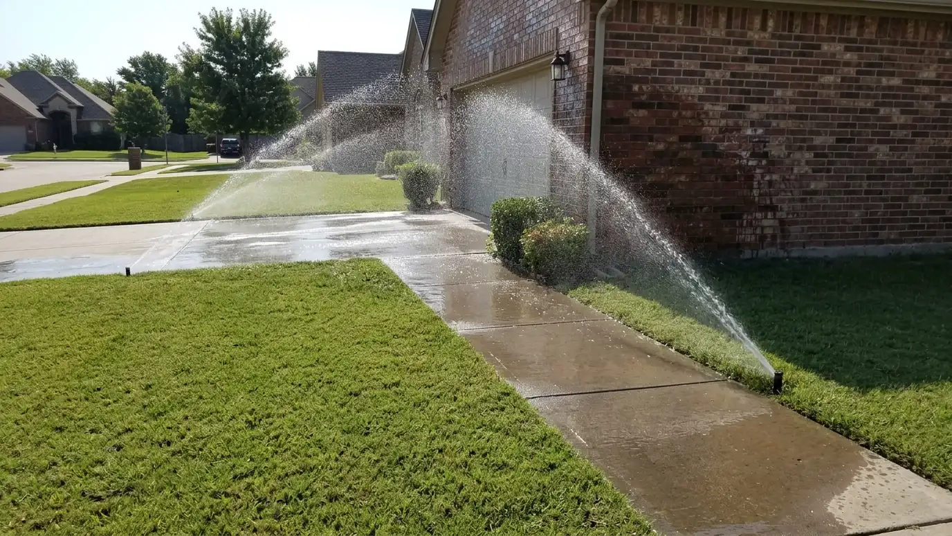Before: a front yard and driveway with sprinklers soaking the driveway, sidewalk and a brick wall