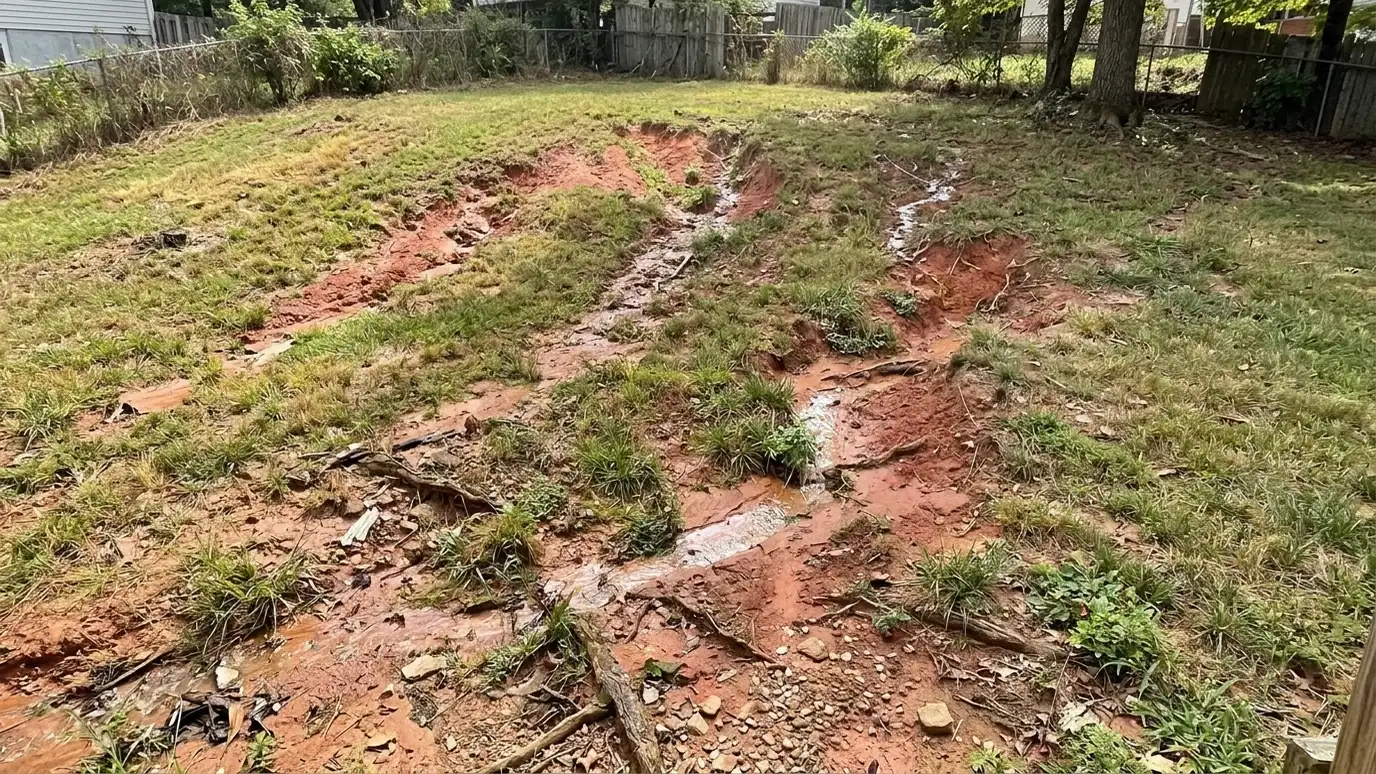 Before: a sloped yard with bare clay streaks and runoff washing downhill