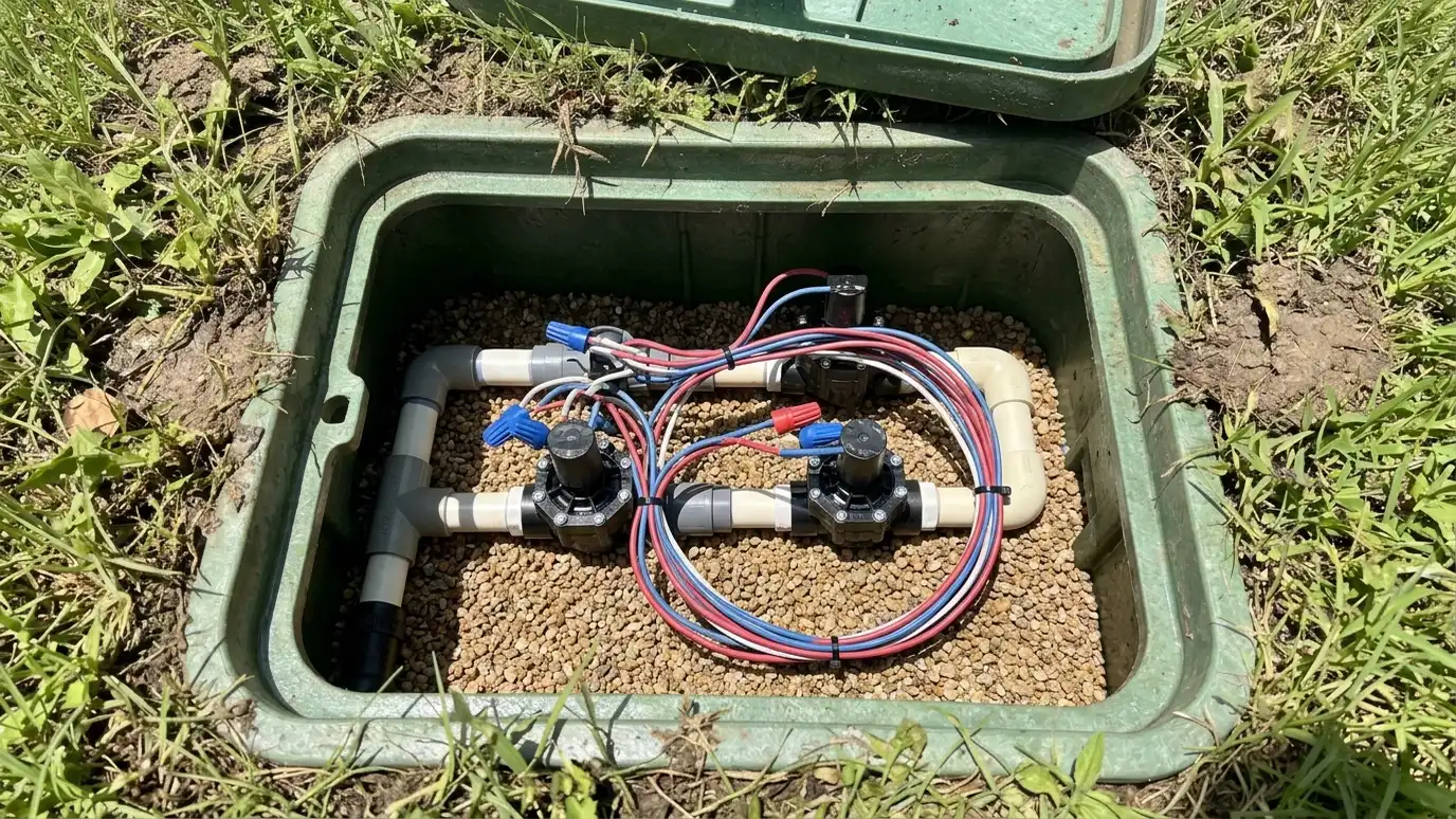 After: Messy valve box renewed | Music City Irrigation After: a valve box with neat new valves, sealed wiring and a clean dry box