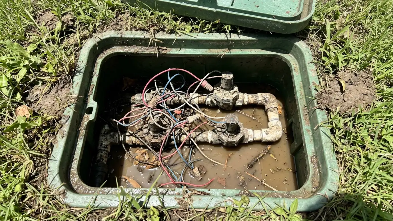 Before: a valve box with tangled corroded wires, cracked valves and muddy water