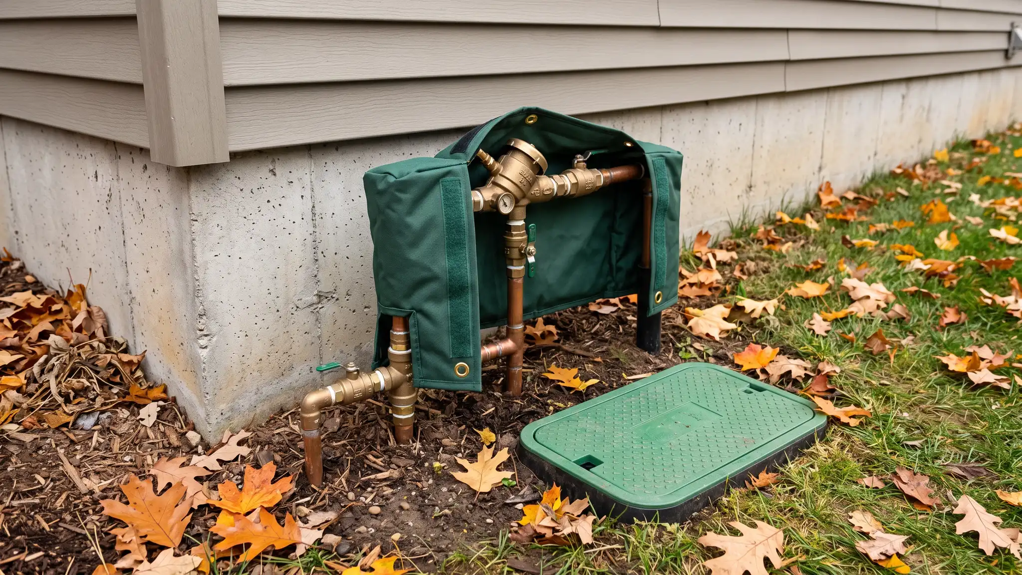 A brass backflow preventer and a green irrigation valve box beside a house foundation with a fresh insulating cover and neat pipes