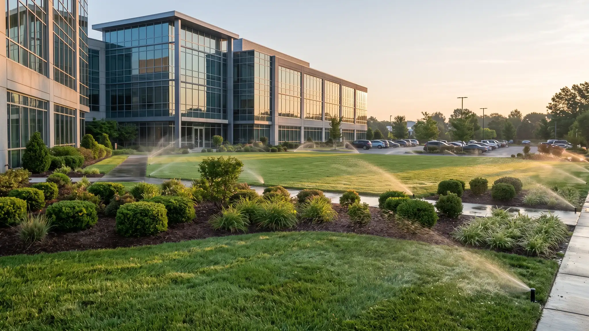 Commercial sites | Music City Irrigation A modern commercial office building with a large green lawn and tidy shrub beds being watered by pop-up sprinklers in the early morning