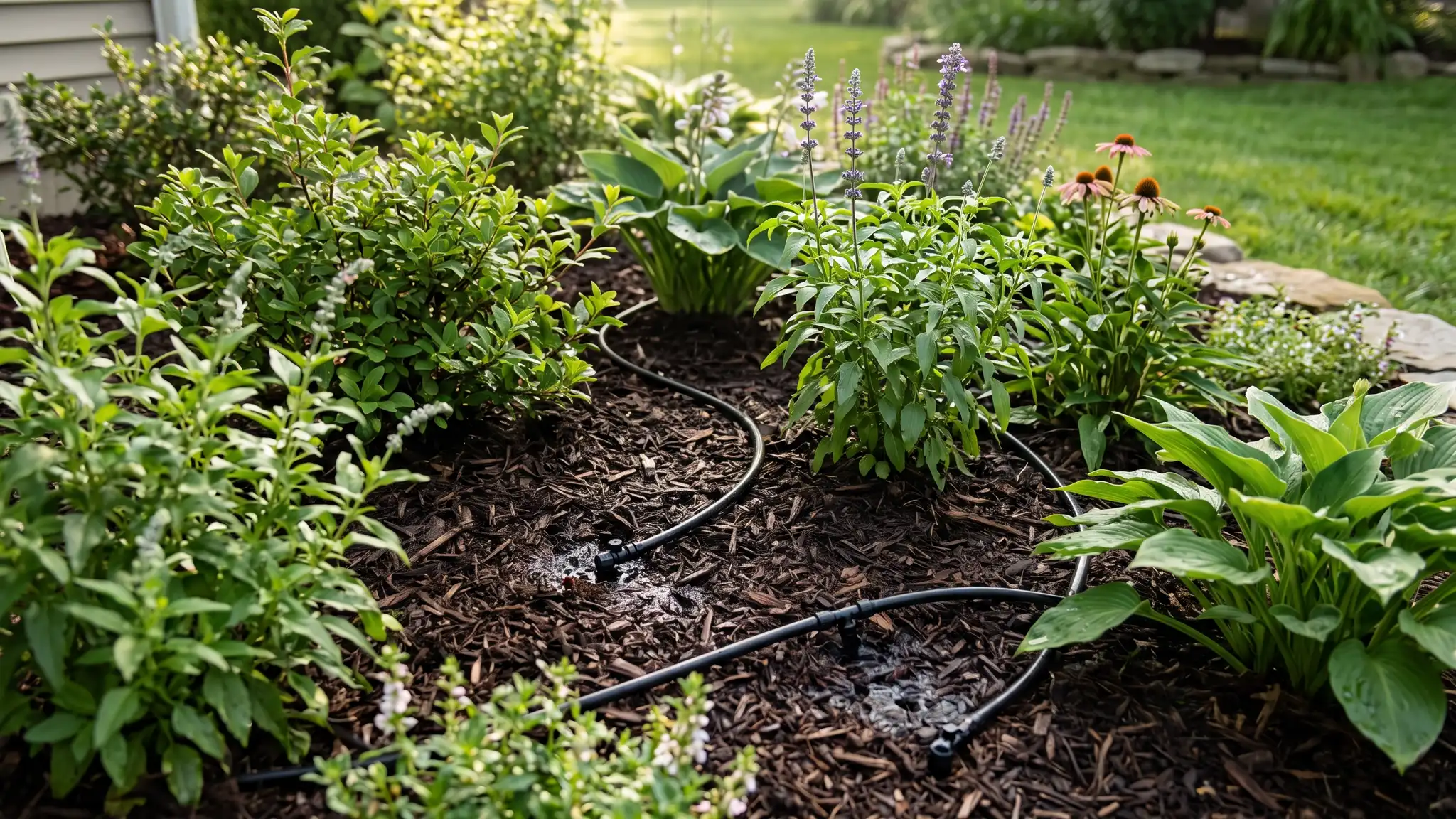 A lush mulched flower bed with healthy shrubs and perennials and black drip irrigation tubing with emitters visible at the base of the plants in soft morning light
