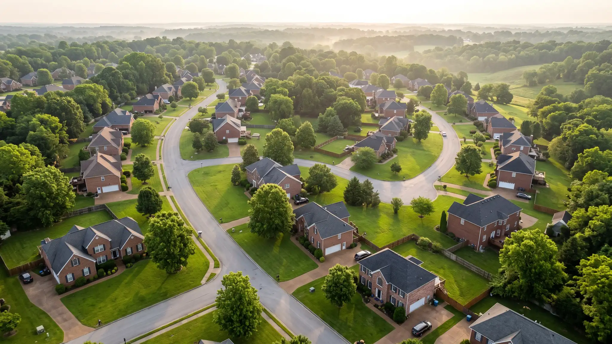 An aerial view of a Tennessee neighborhood with brick homes, mature trees and bright green lawns along winding streets in soft morning light