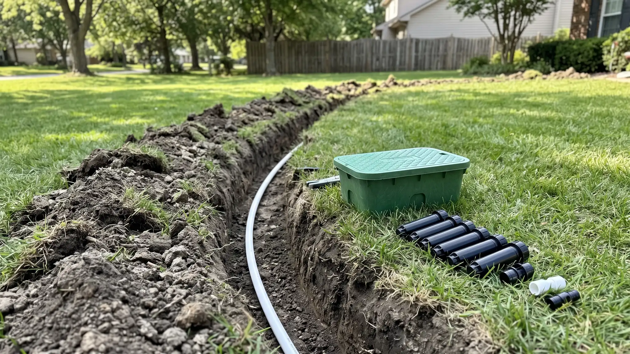 New systems | Music City Irrigation A freshly trenched lawn with white PVC pipe laid in the trench, a green valve box and a row of new sprinkler heads set beside it in bright daylight