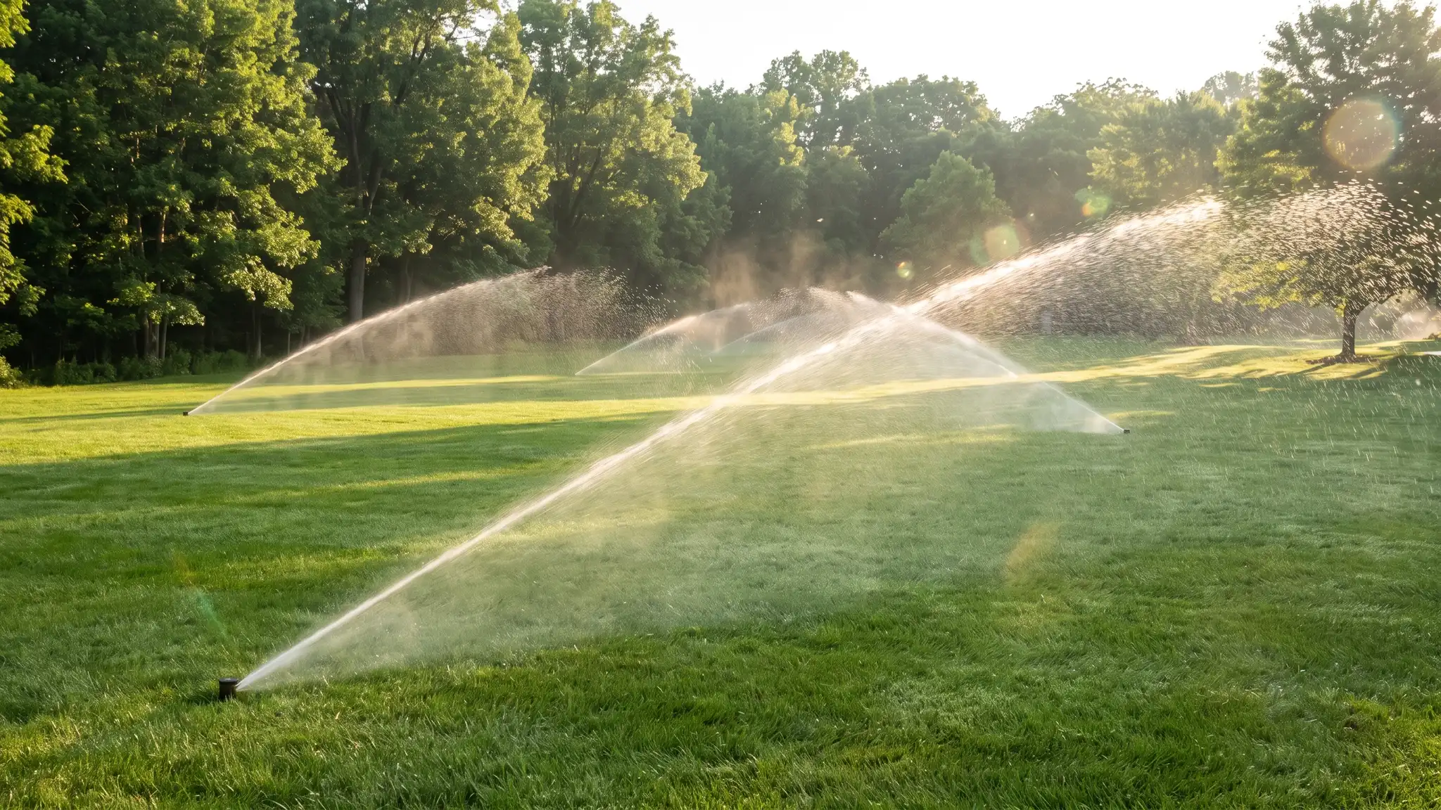 Lawn sprinklers | Music City Irrigation A wide green lawn with several in-ground rotor sprinklers throwing long arcs of water that catch the morning sun, with a leafy tree line behind