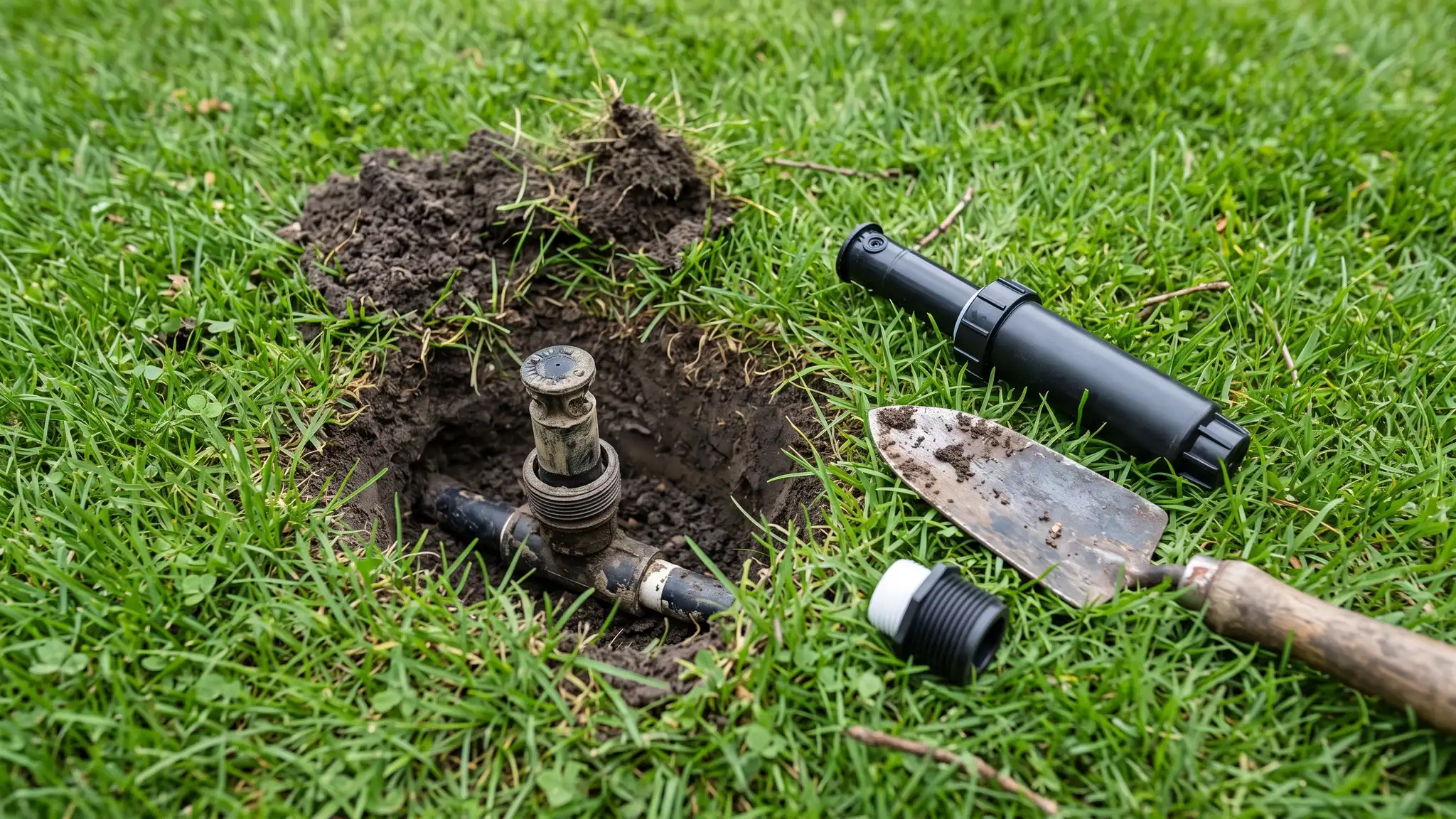 Repairs | Music City Irrigation A pop-up sprinkler head being repaired in a green lawn, with a spare new sprinkler head, a small trowel and a pipe coupling resting on the grass beside the opened hole