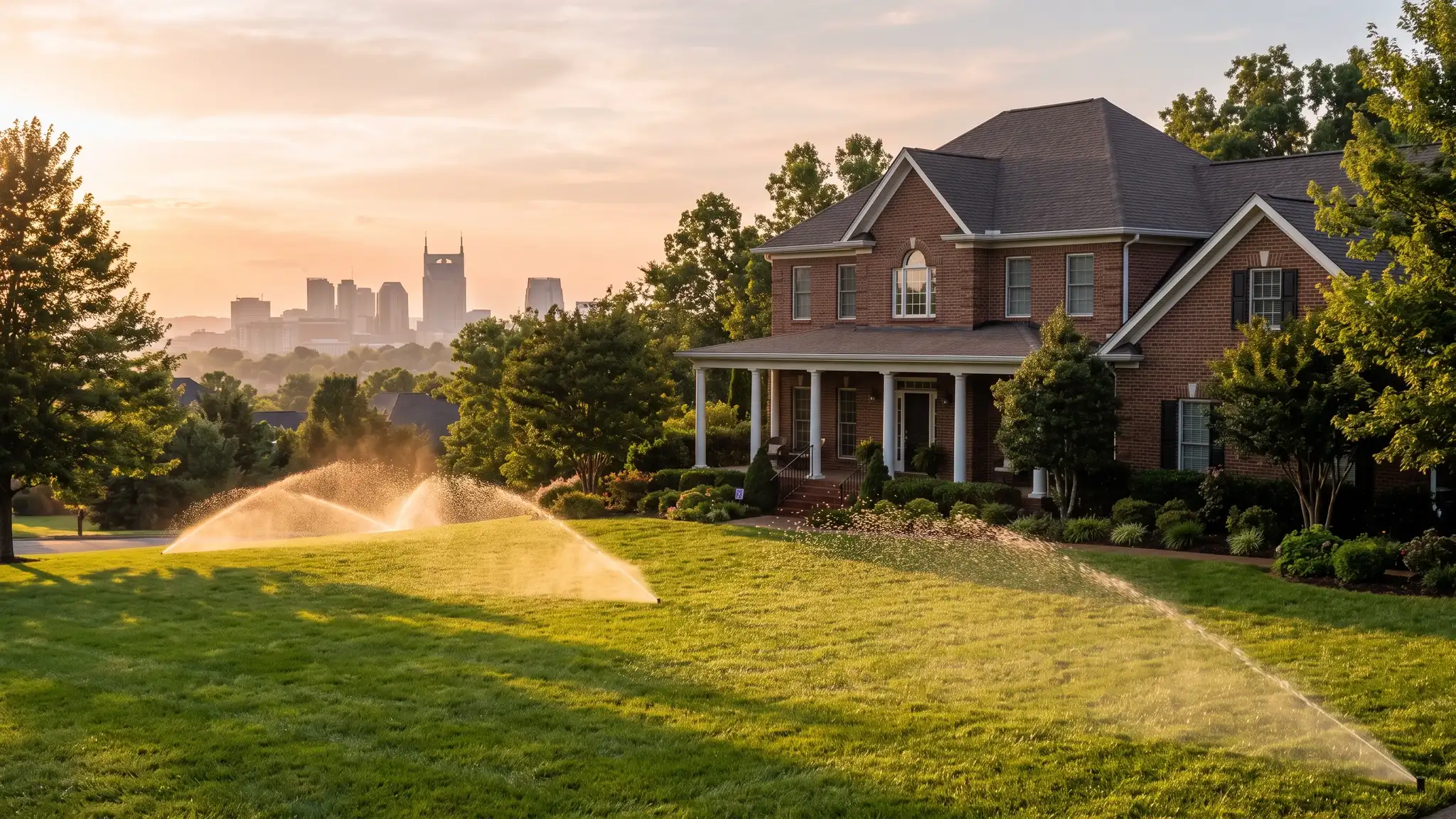 Music City Irrigation | Sprinkler installation and repair in Nashville, TN A Tennessee brick home with a thick green lawn being watered by rotor sprinklers throwing glittering arcs of water at golden hour, with the Nashville skyline softly in the distance