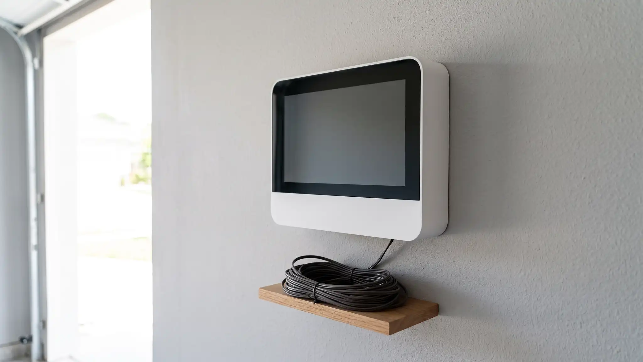 Smart controls | Music City Irrigation A sleek modern white smart sprinkler controller with a blank screen mounted on a clean garage wall above a small shelf