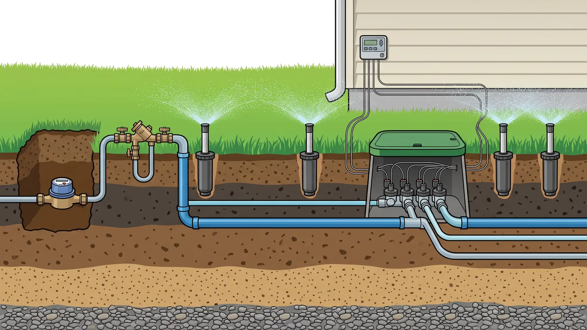 A cutaway illustration of a lawn and an irrigation system showing the parts below ground: the water meter, a backflow preventer, a mainline, a valve box with valves, lateral pipes and pop-up sprinkler heads spraying over grass, with a small controller on a wall