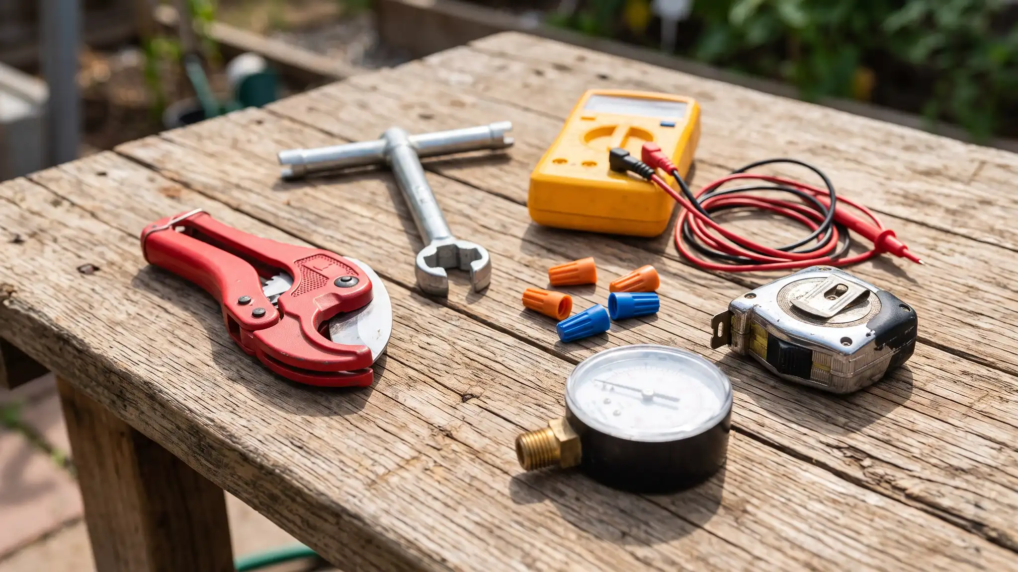 Irrigation tools laid on a wooden bench: a pipe cutter, a sprinkler head wrench, a multimeter, wire connectors, a tape measure and a pressure gauge