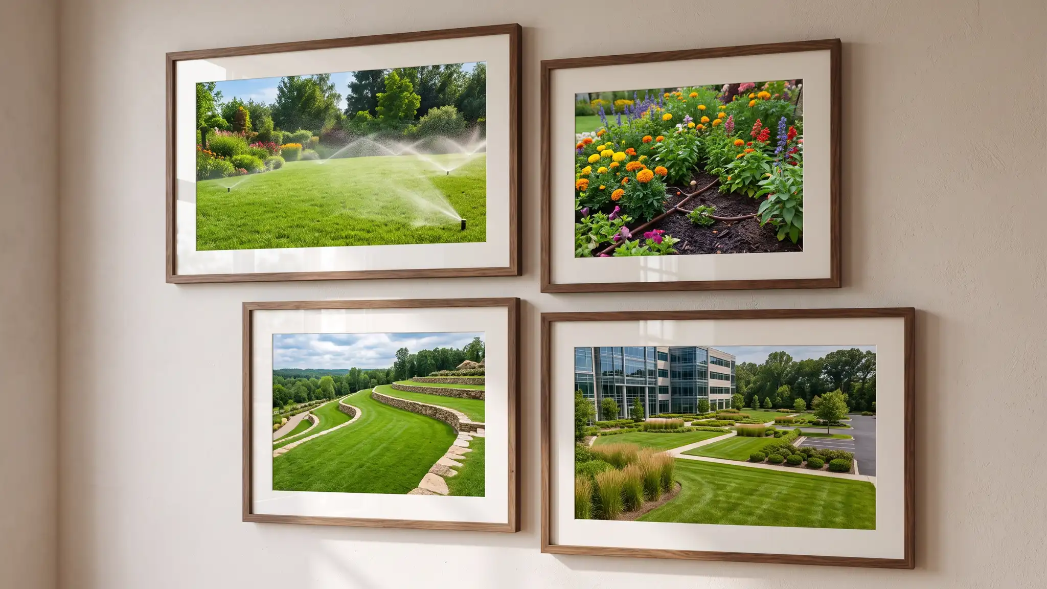 A spread of four framed photographs on a wall showing finished irrigation projects: a lawn with sprinklers, a drip flower bed, a hillside lawn and a commercial landscape