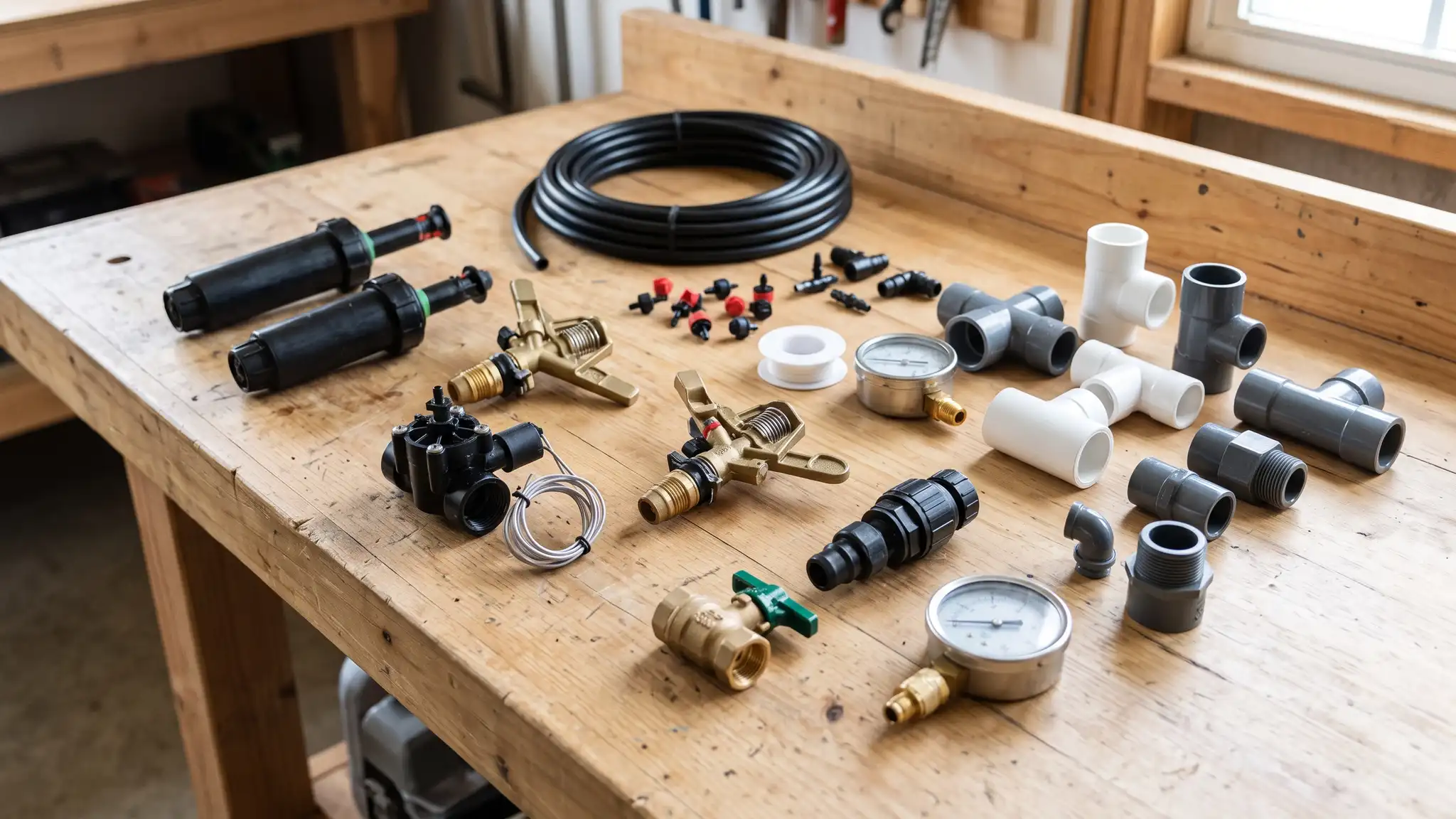 Irrigation parts laid out on a clean workbench: sprinkler heads of several types, valves, pipe fittings, a drip tubing coil and emitters and a pressure gauge