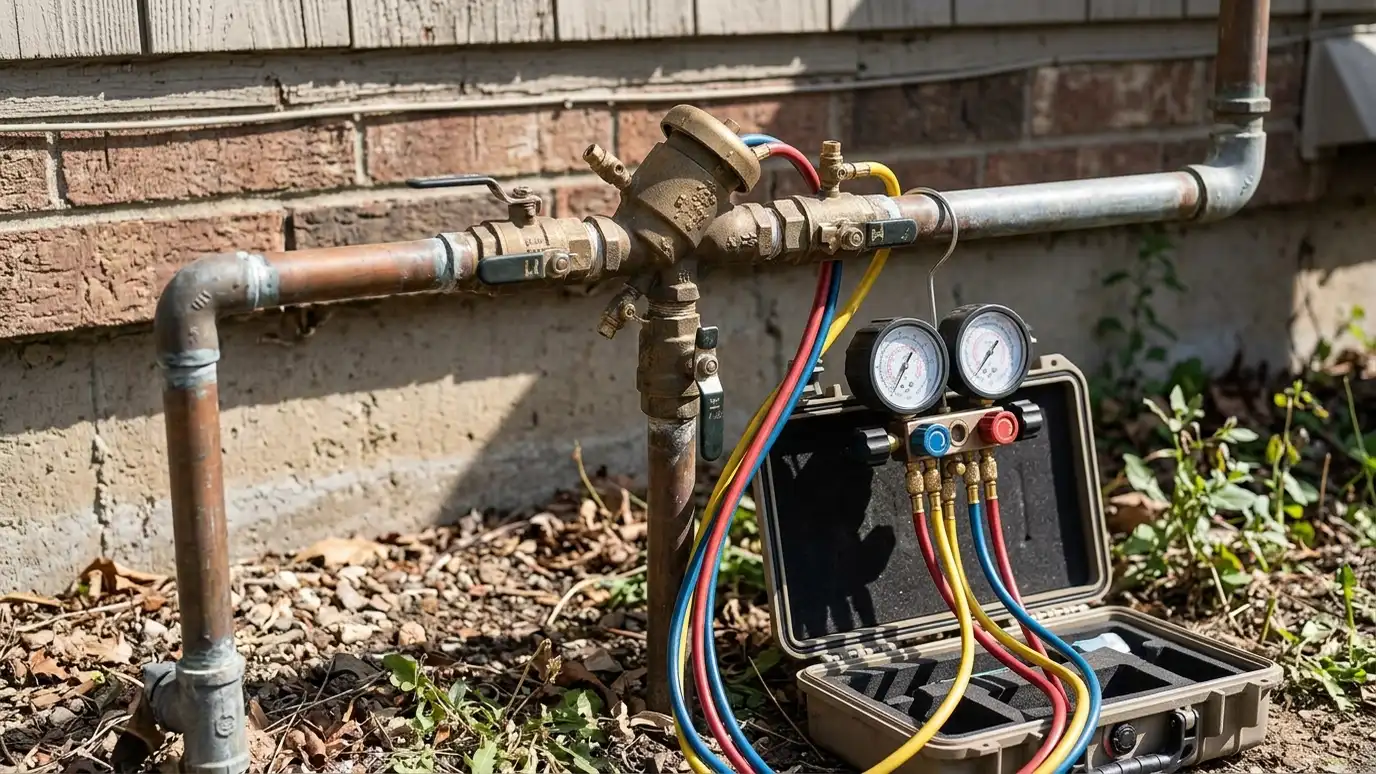 A brass backflow preventer assembly on a pipe beside a house with a test gauge kit connected