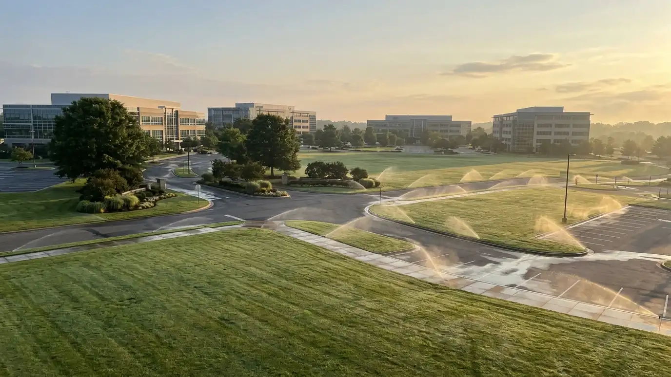 A commercial office campus with wide green lawns and sprinklers running along parking islands