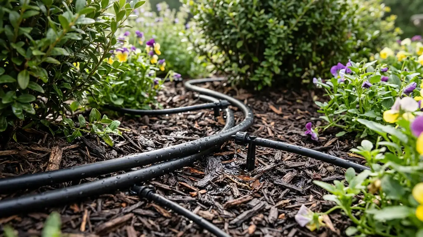 Black drip tubing with small emitters at the base of shrubs and flowers in a mulched bed