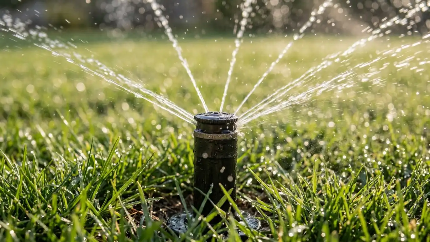 A rotary spray nozzle throwing thin streams of water over green grass