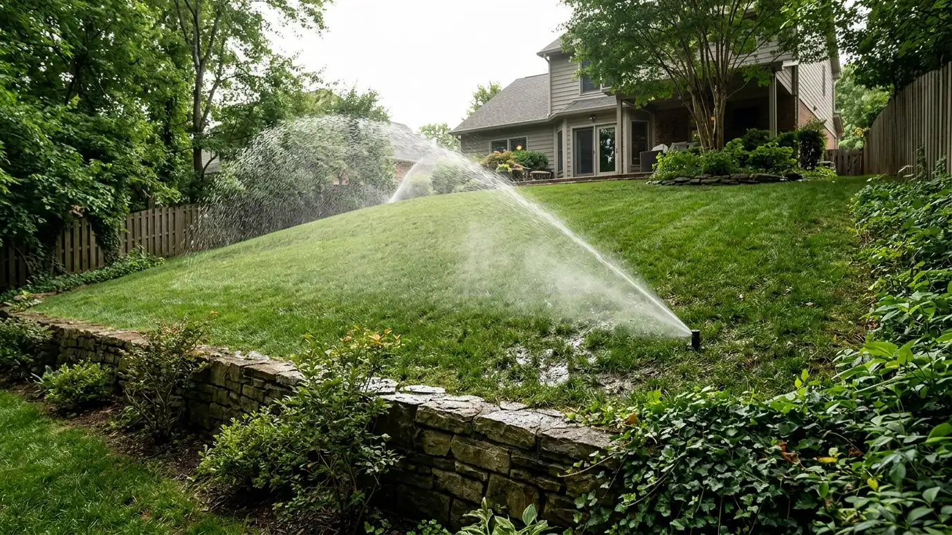 A green sloped hillside lawn with a rotor sprinkler throwing a gentle arc of water down the slope