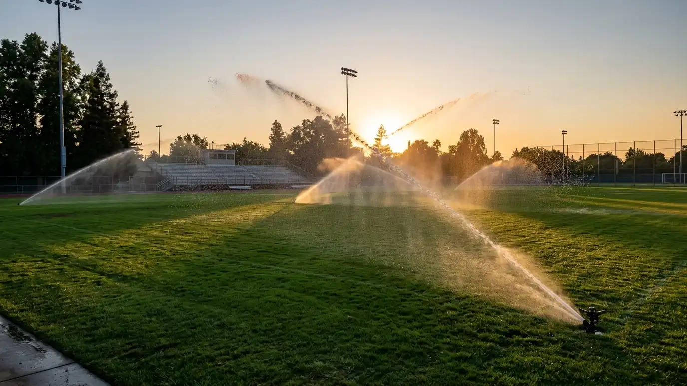 A large green athletic field with big rotor sprinklers throwing long arcs of water