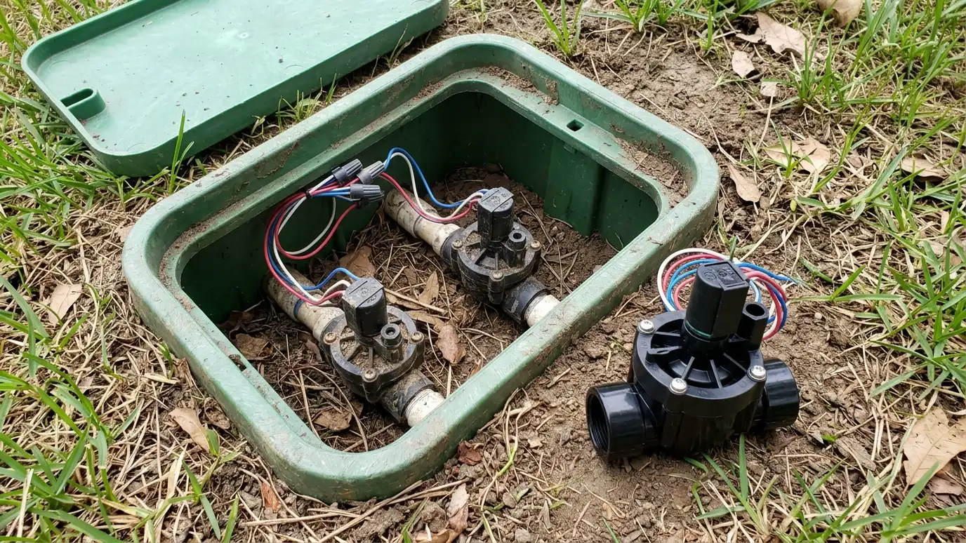 A green valve box opened to show two valves with solenoids and neatly connected wires